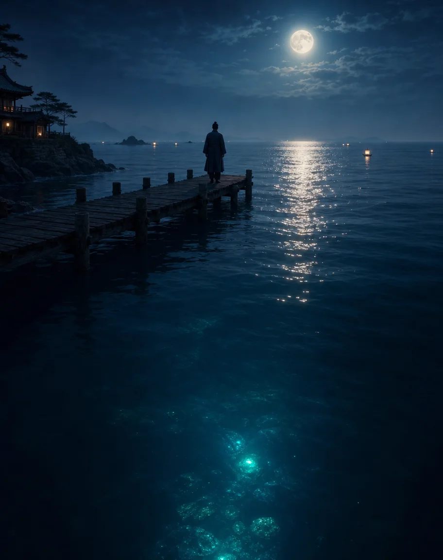 A figure at the end of a pier under the full moon