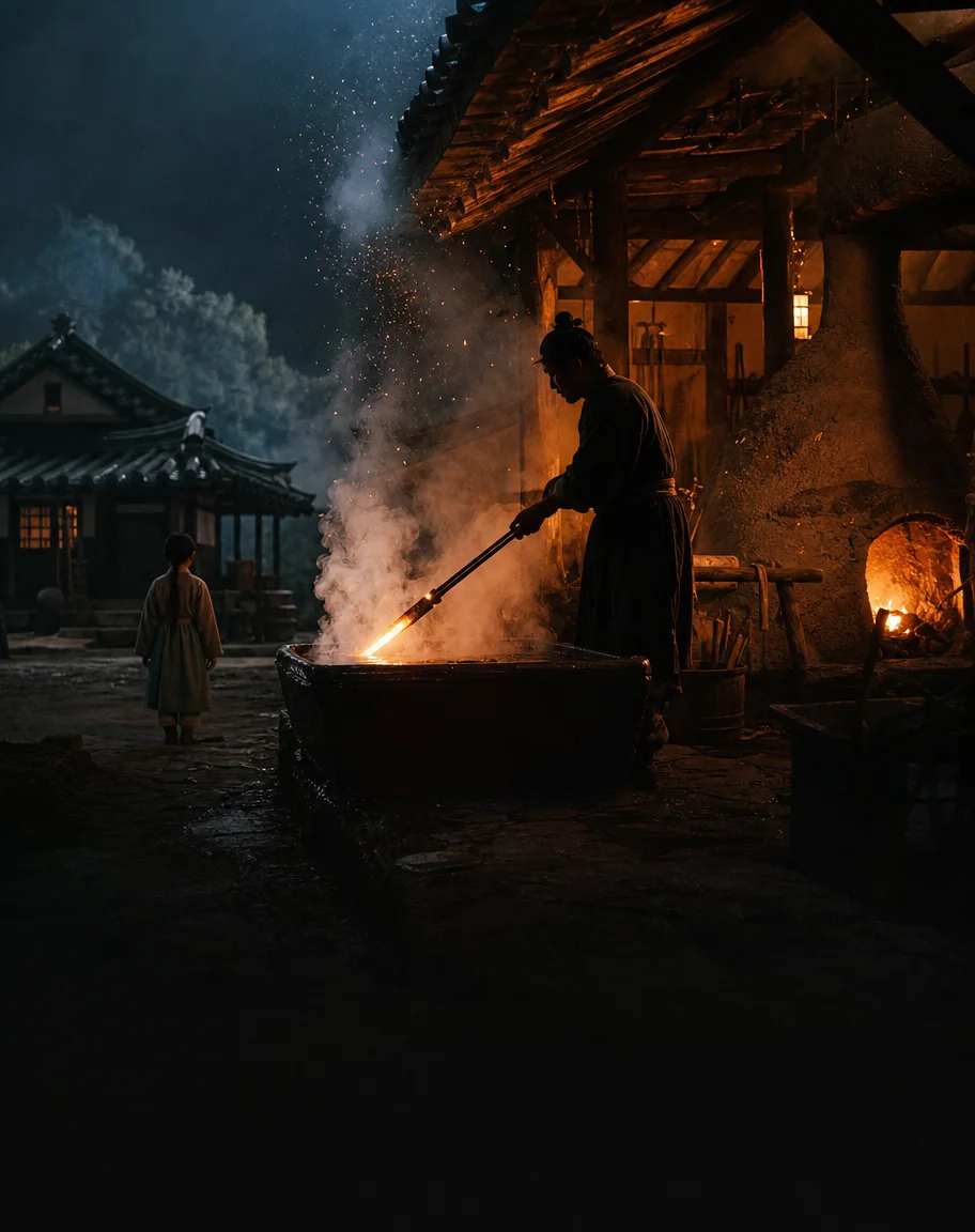 A smith lifting a glowing blade from the forge at night