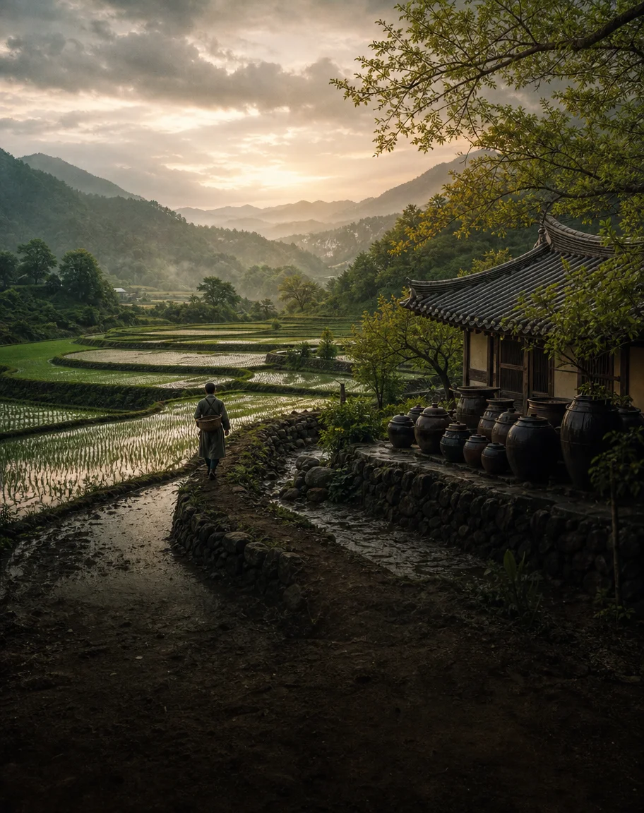 Terraced rice fields after rain beside a hanok