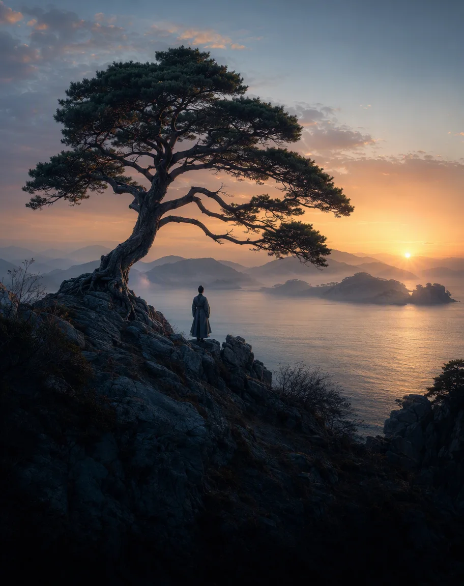 A lone pine on a sea cliff at dawn
