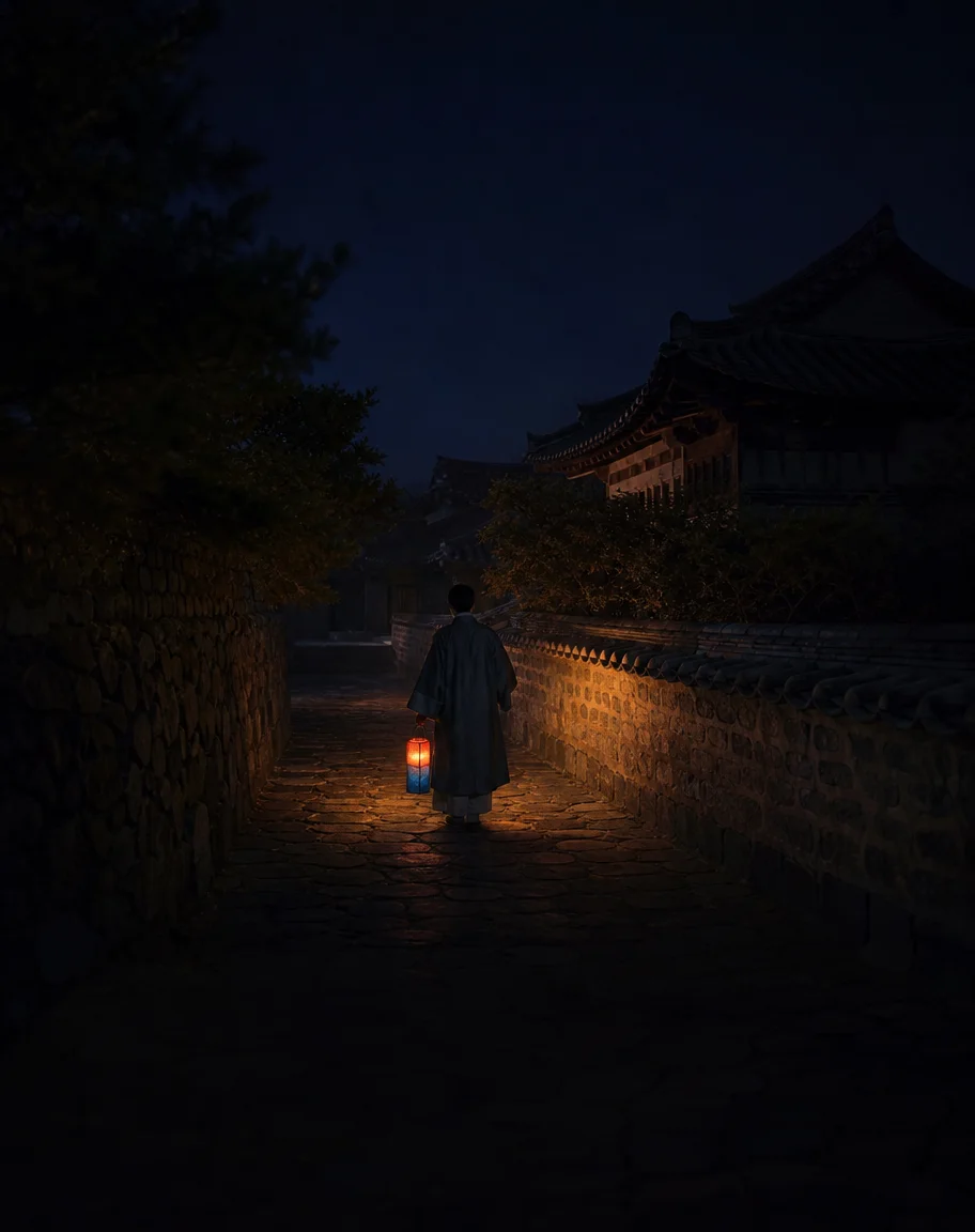 A figure carrying a lantern down a dark hanok lane