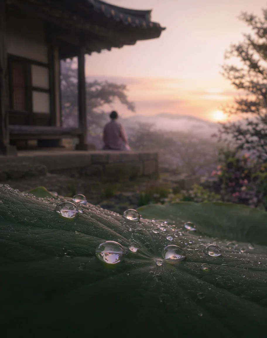 Dew drops on a broad leaf at sunrise