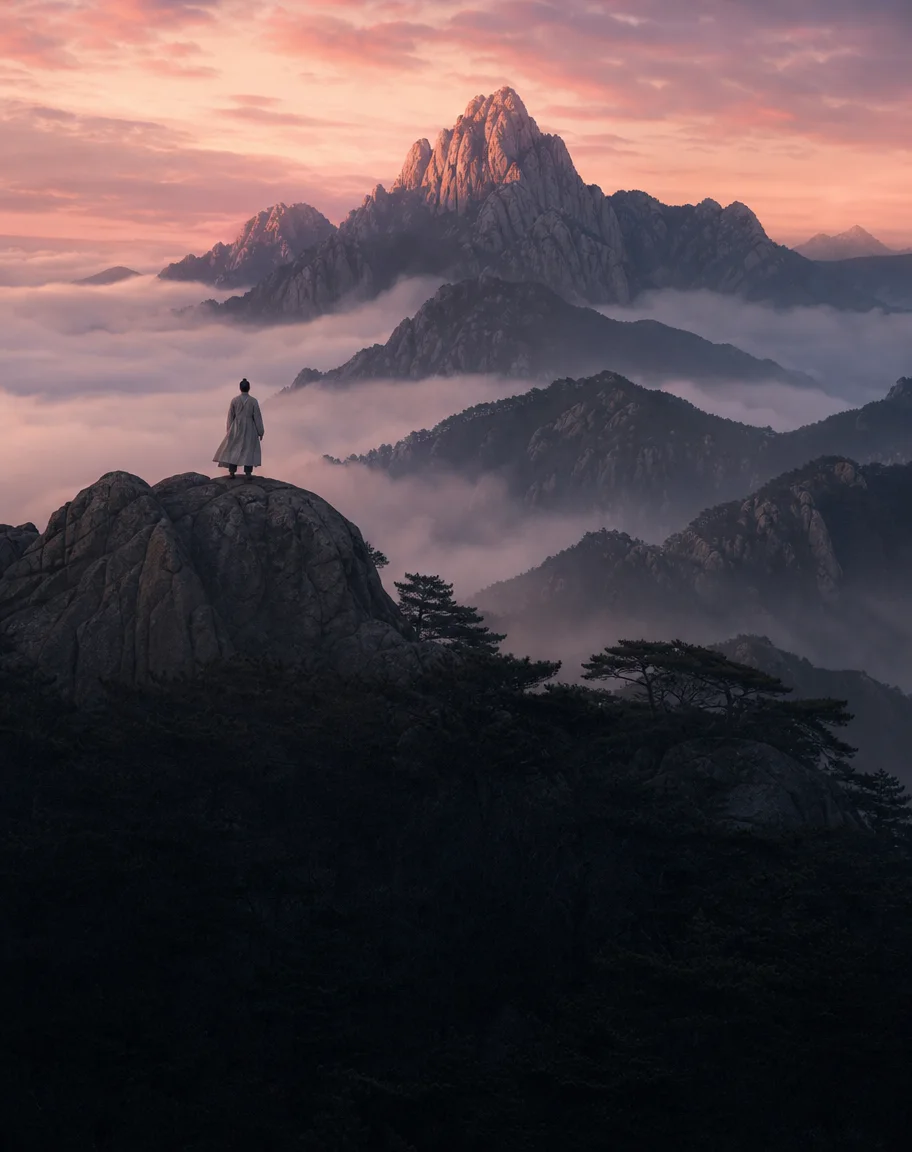 A granite peak rising above a sea of clouds at dawn