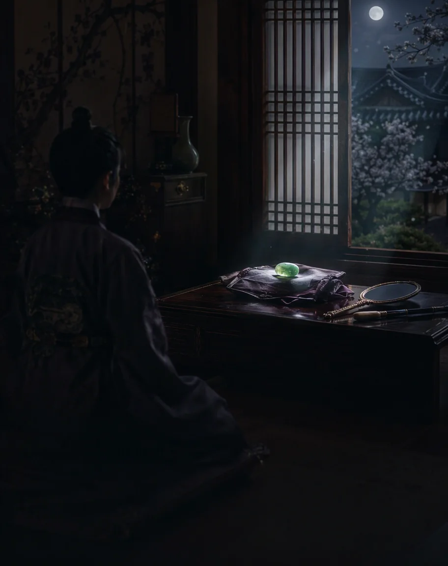 A jade stone on silk by a moonlit lattice window