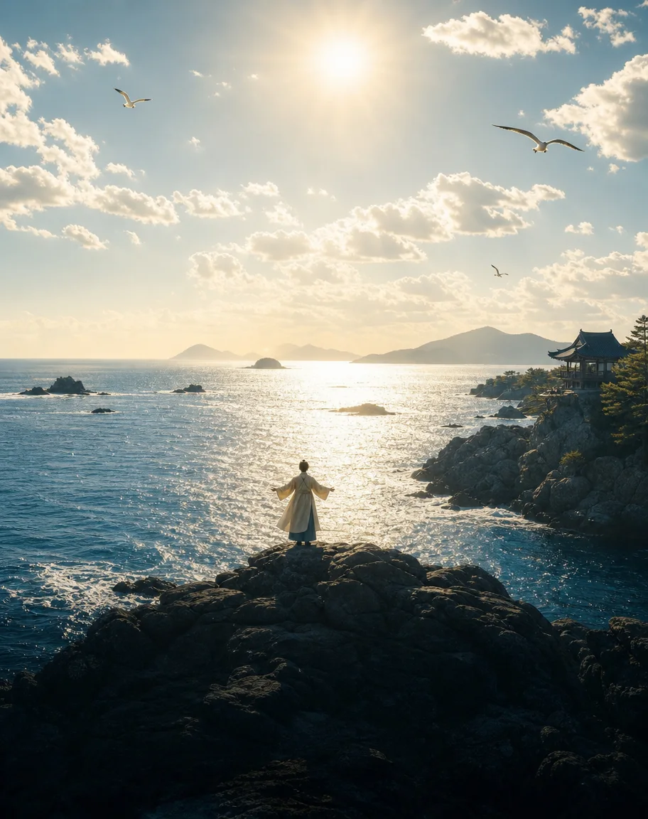 The midday sun blazing over a sparkling sea