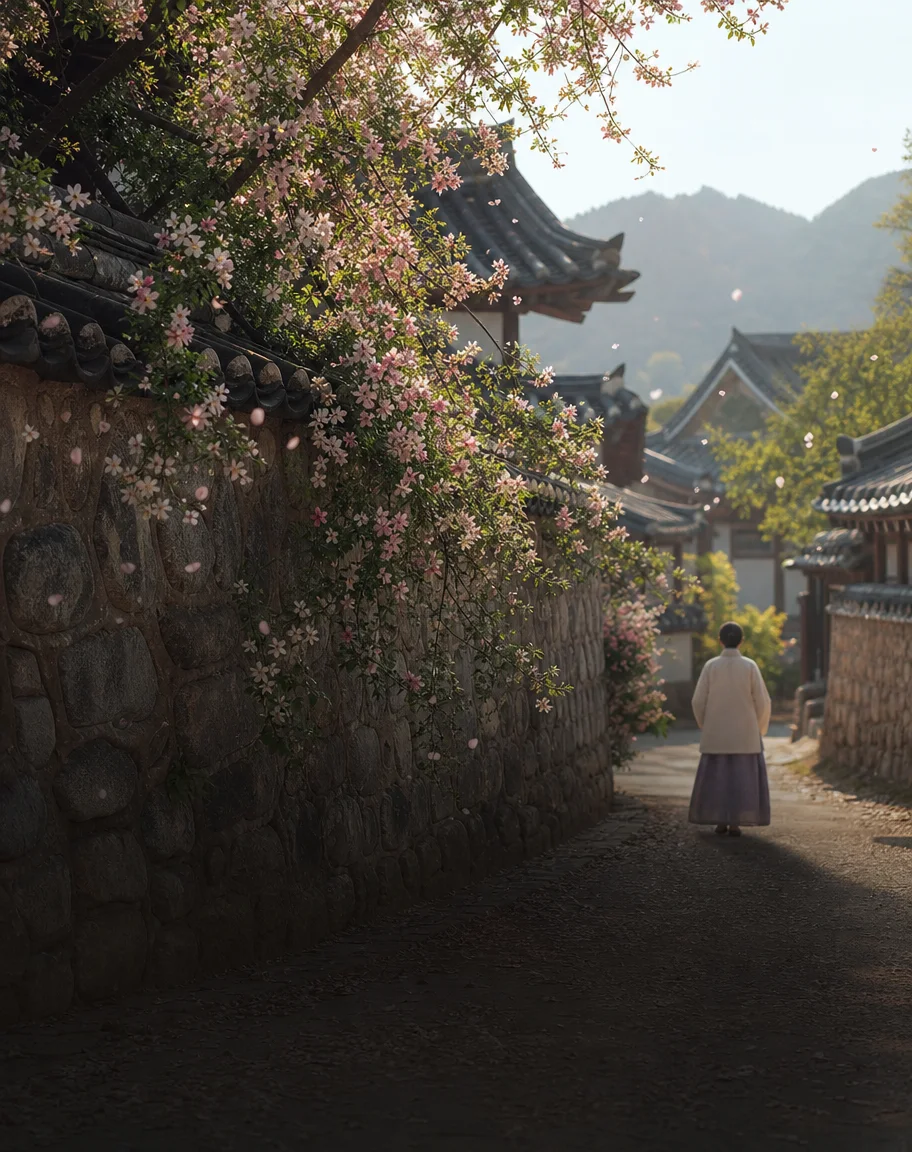 Blossoming vines over a stone wall in a hanok lane
