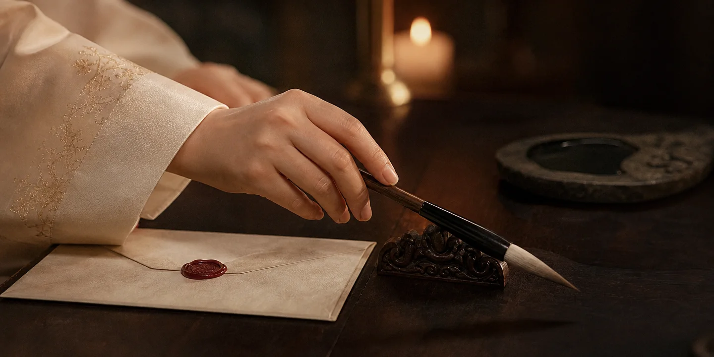 Seol's hand setting down her brush beside a sealed letter